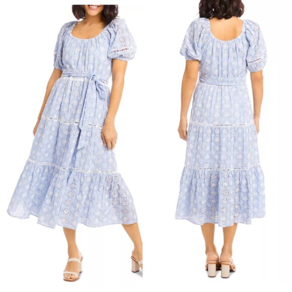 Karen Kane Tiered Embroidered Eyelet Puff Sleeve Midi Dress Cottagecore Boho XS - Picture 1 of 8
